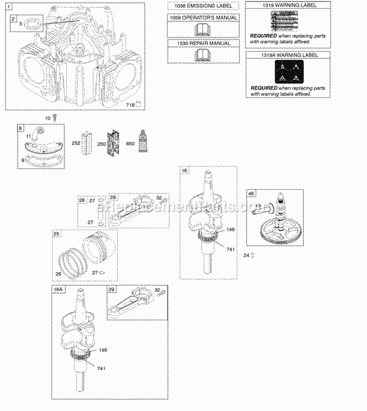 Camshaft Crankshaft Cylinder Engine Sump Pistons Rings Connecting Rod Diagram and Parts List for 40H777-0134-B1  Briggs and Stratton Engine
